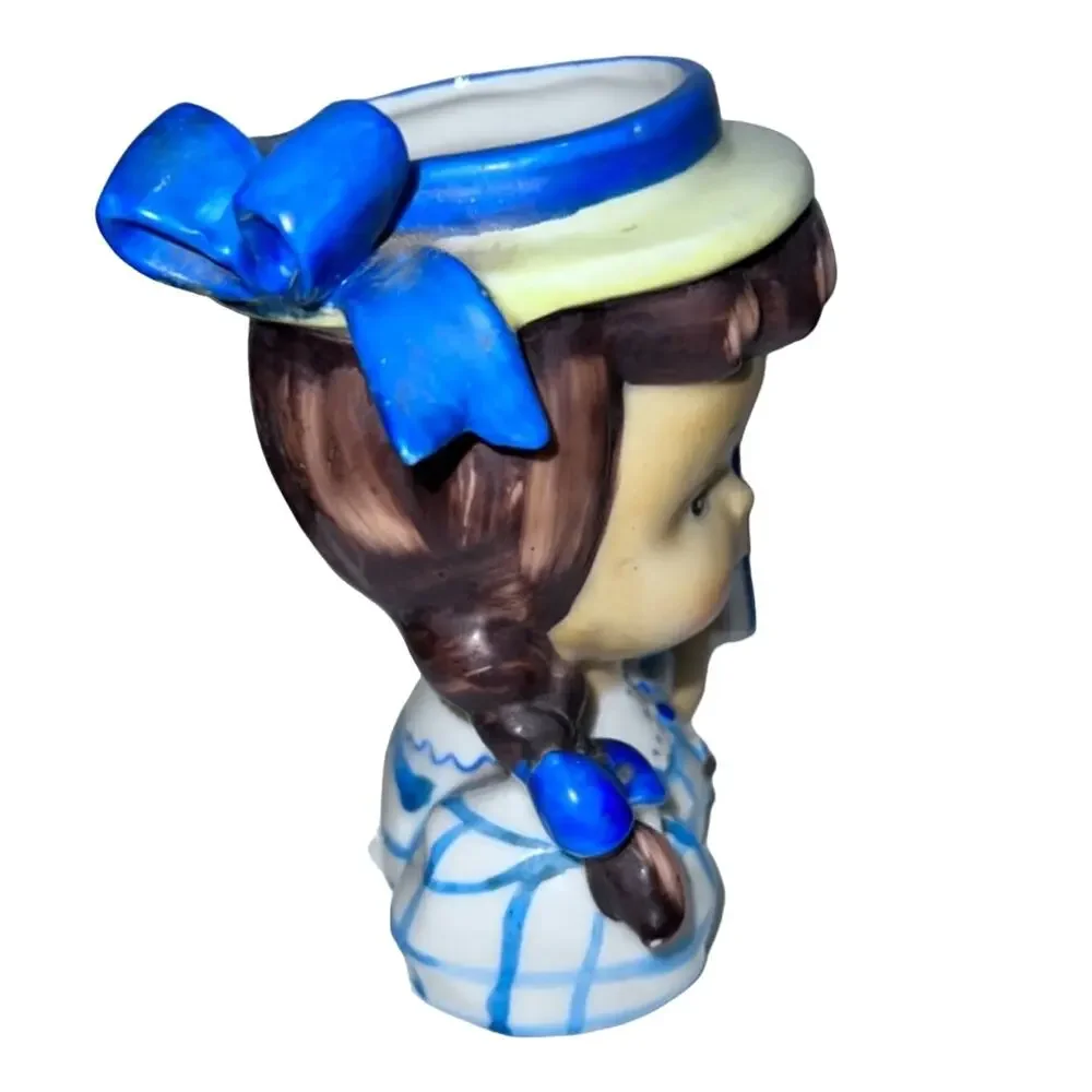 1950s Napco Head Vase Planter Girl with Pigtails & Blue Bows - Japan Vintage